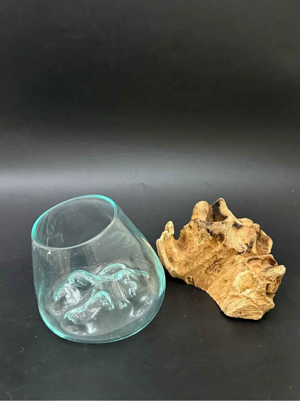 Handcrafted Molten Glass Vase Bowl on Custom Molded Organic Teak Driftwood Base